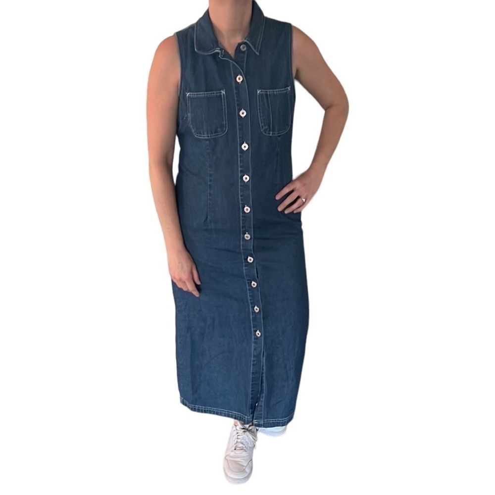 MeandYou Vintage Y2K 90s Denim Shirt Dress. Medium Wash. Maxi Sleeveless. M